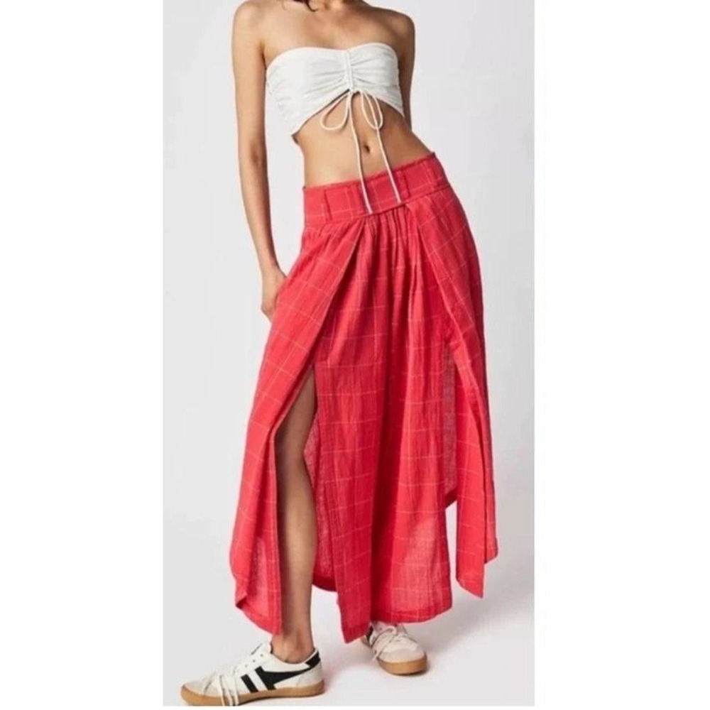 Free People Lunar Cove Boho Cotton Gauze Wide Leg Split Pants Red PlaidSmall
